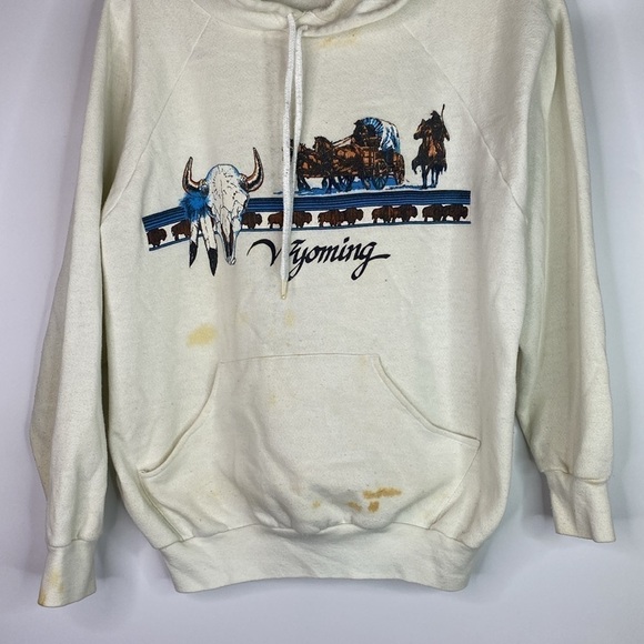 Vintage Wyoming White Hooded Sweatshirt Grunge Bison XL - Picture 3 of 8